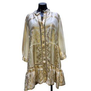 Kasia Gold & Cream Boho Tunic Dress With Tribal Print & Ruffle Hem L
